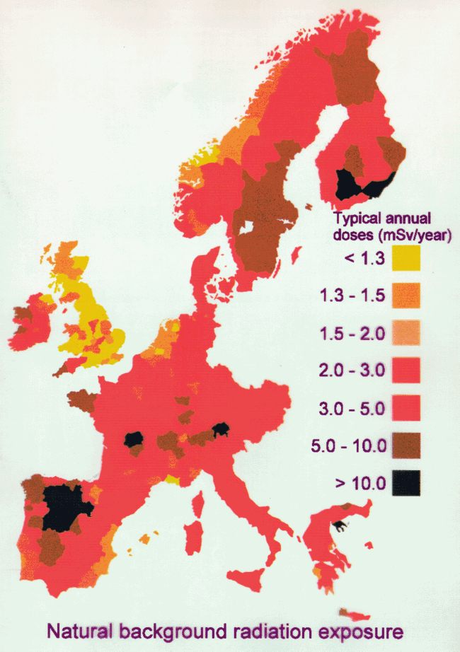 En Europe, la dose équivalente moyenne varie d'un facteur 10 principalement en raison du radon [[5]](#ref-5)