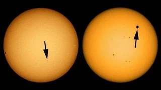 Transit devant le Soleil de Mercure (à gauche , 9 nov. 2006) et de Vénus, (à droite, 5 juin 2012). Photo : Montage Planétarium Rio Tinto Alcan; Brocken Inaglory/Wikimedia Commons (Mercure); Marc Jobin (Vénus)